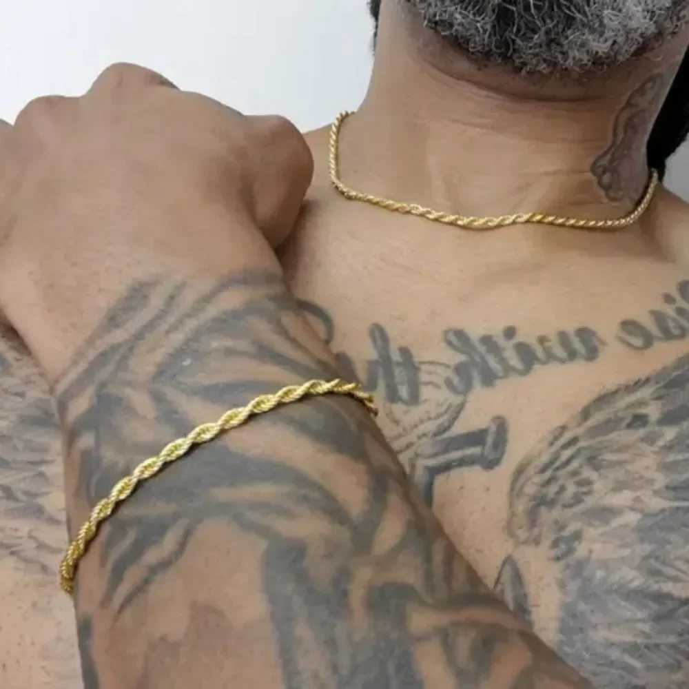 Mens Golden Two-piece Necklace and Bracelet Set